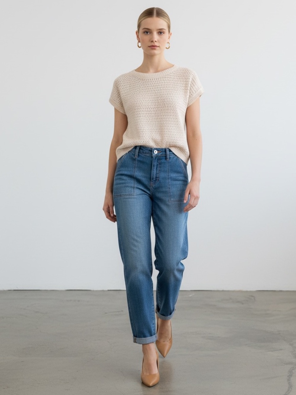 Crewneck Short Sleeve Knit Top in Cream - Picture 6 of 8
